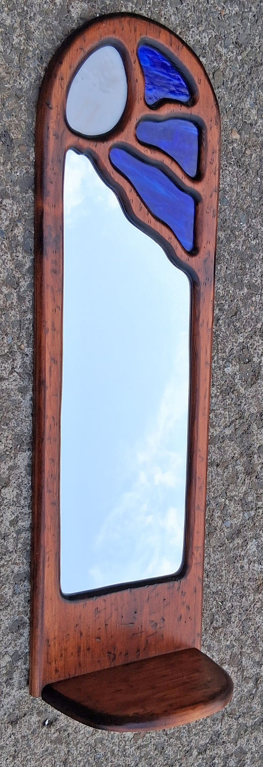 Vintage Antique Handcrafted Farmhouse Wood Wooden Accent Wall Mirror Cobalt Blue Stained Inlay Glass Boho Entryway Wall Decor Sconce Shelf