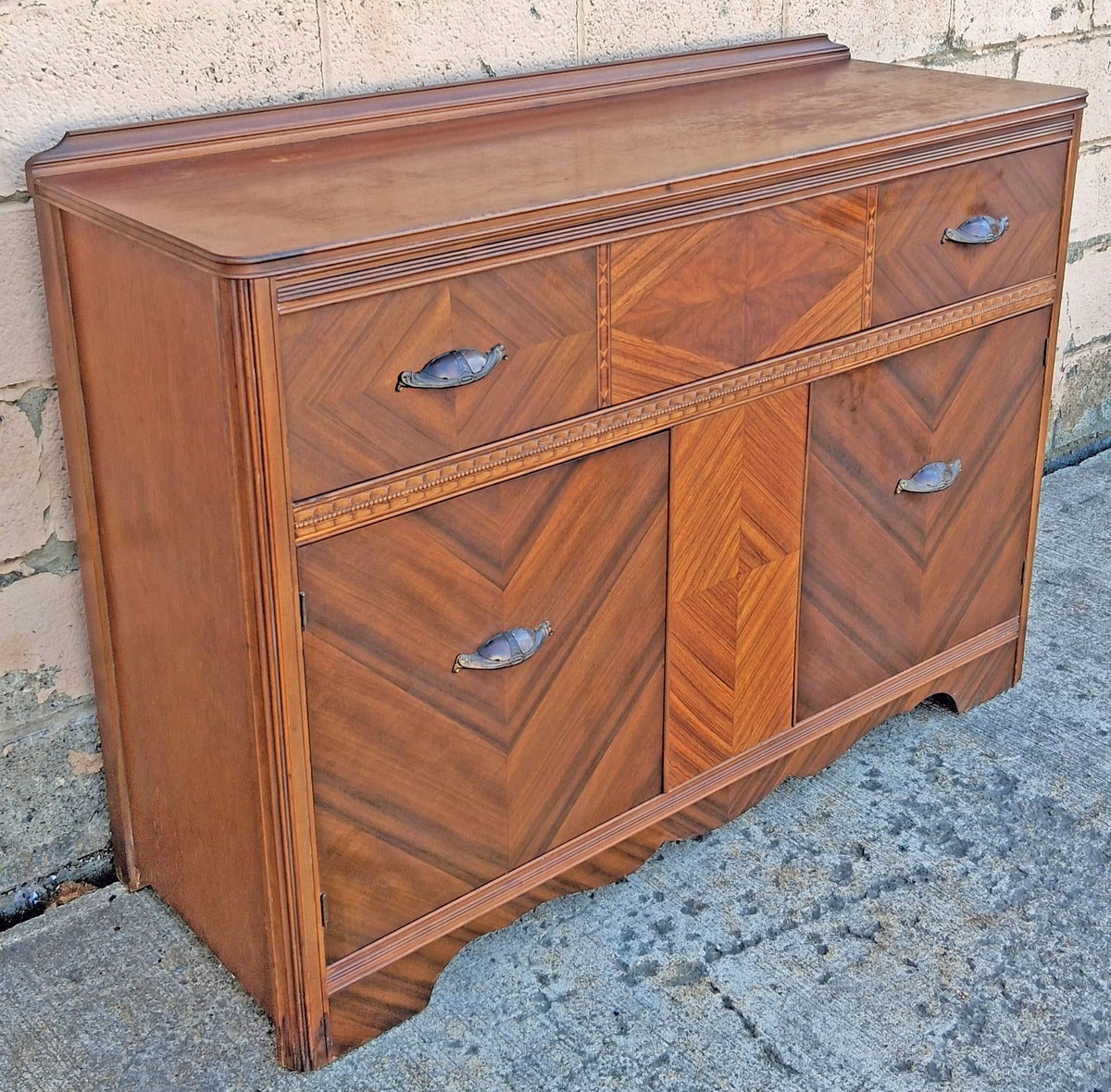 Antique Vintage Reclaimed Salvaged Art Deco Walnut Wood Wooden Chevron Inlay Book Matched Veneer Buffet Server Sideboard Credenza Cabinet
