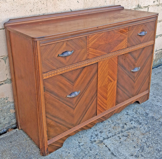 Antique Vintage Reclaimed Salvaged Art Deco Walnut Wood Wooden Chevron Inlay Book Matched Veneer Buffet Server Sideboard Credenza Cabinet