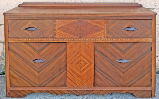 Antique Vintage Reclaimed Salvaged Art Deco Walnut Wood Wooden Chevron Inlay Book Matched Veneer Buffet Server Sideboard Credenza Cabinet