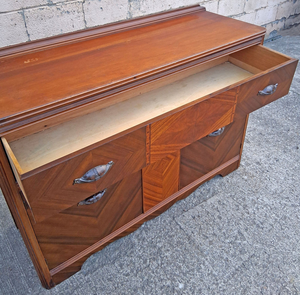 Antique Vintage Reclaimed Salvaged Art Deco Walnut Wood Wooden Chevron Inlay Book Matched Veneer Buffet Server Sideboard Credenza Cabinet