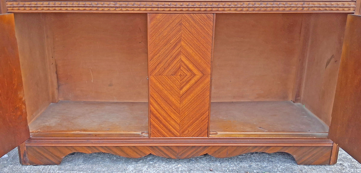 Antique Vintage Reclaimed Salvaged Art Deco Walnut Wood Wooden Chevron Inlay Book Matched Veneer Buffet Server Sideboard Credenza Cabinet