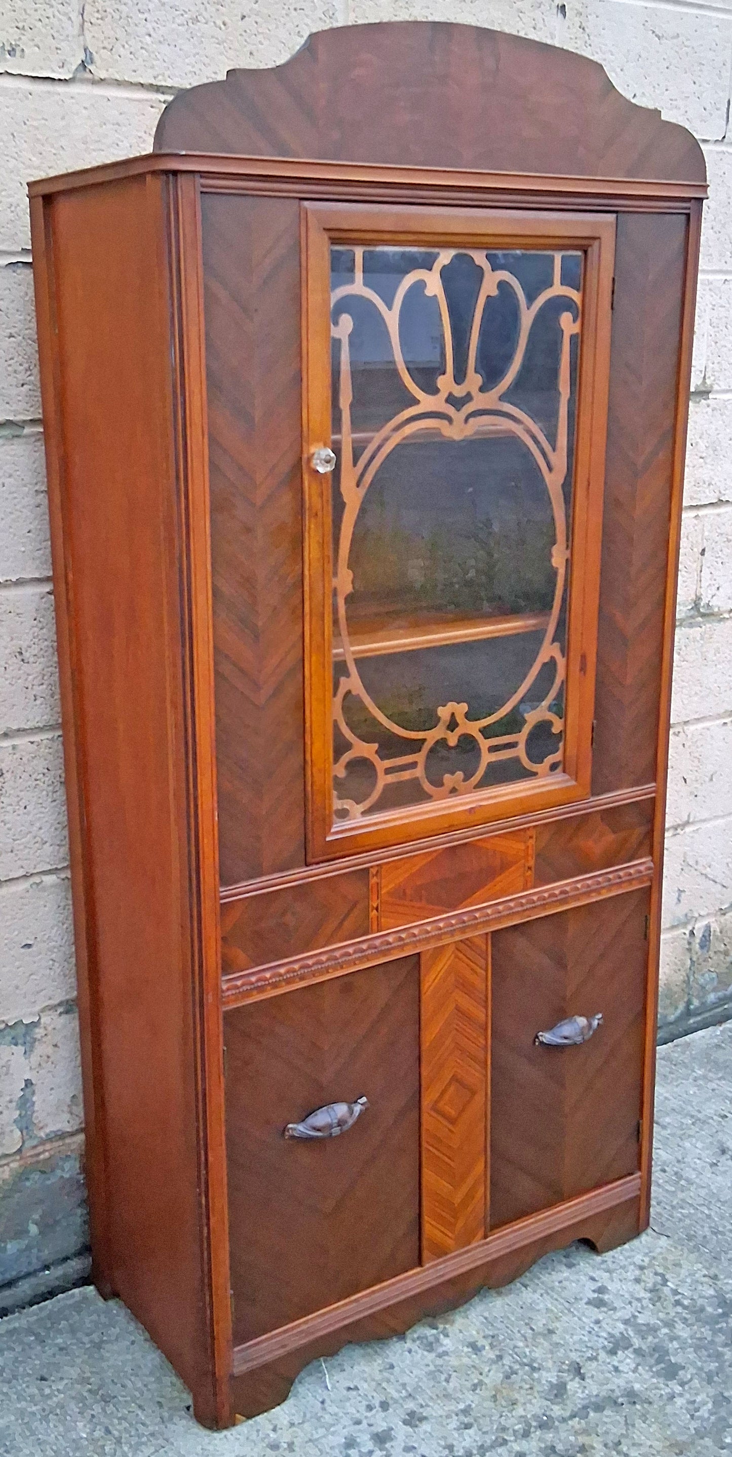 Antique Vintage Old Reclaimed Salvaged Art Deco Depression Era Solid Wood Walnut Chevron Inlay China Cabinet Hutch Display Cupboard Glass