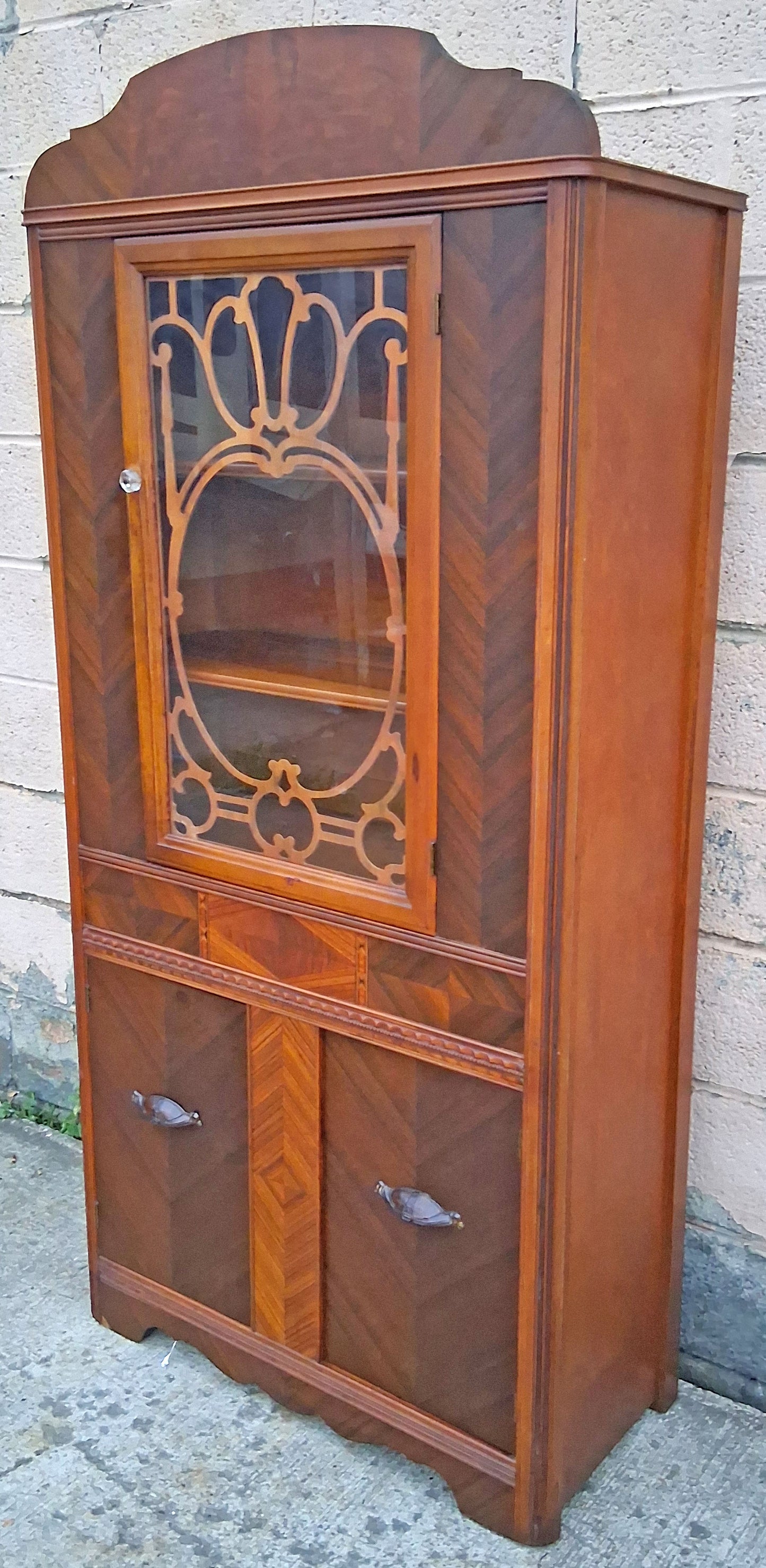 Antique Vintage Old Reclaimed Salvaged Art Deco Depression Era Solid Wood Walnut Chevron Inlay China Cabinet Hutch Display Cupboard Glass