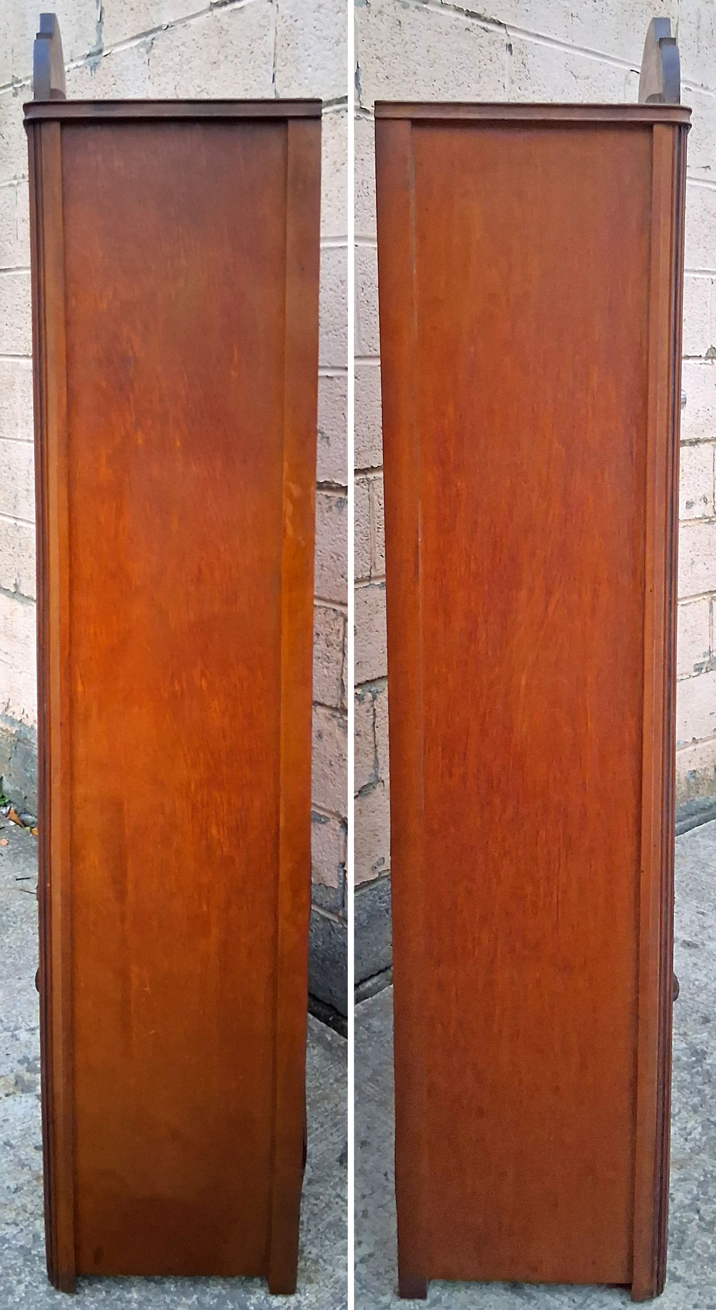 Antique Vintage Old Reclaimed Salvaged Art Deco Depression Era Solid Wood Walnut Chevron Inlay China Cabinet Hutch Display Cupboard Glass