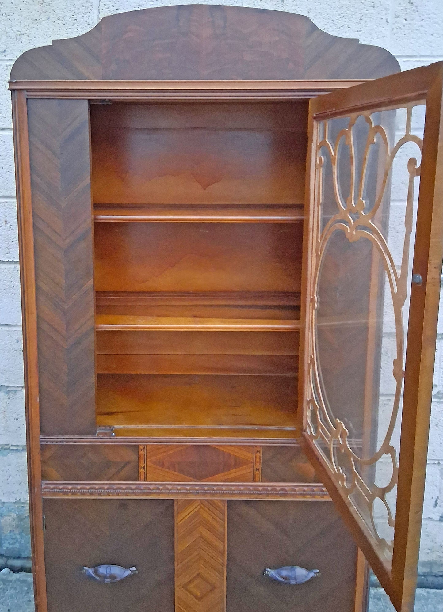 Antique Vintage Old Reclaimed Salvaged Art Deco Depression Era Solid Wood Walnut Chevron Inlay China Cabinet Hutch Display Cupboard Glass
