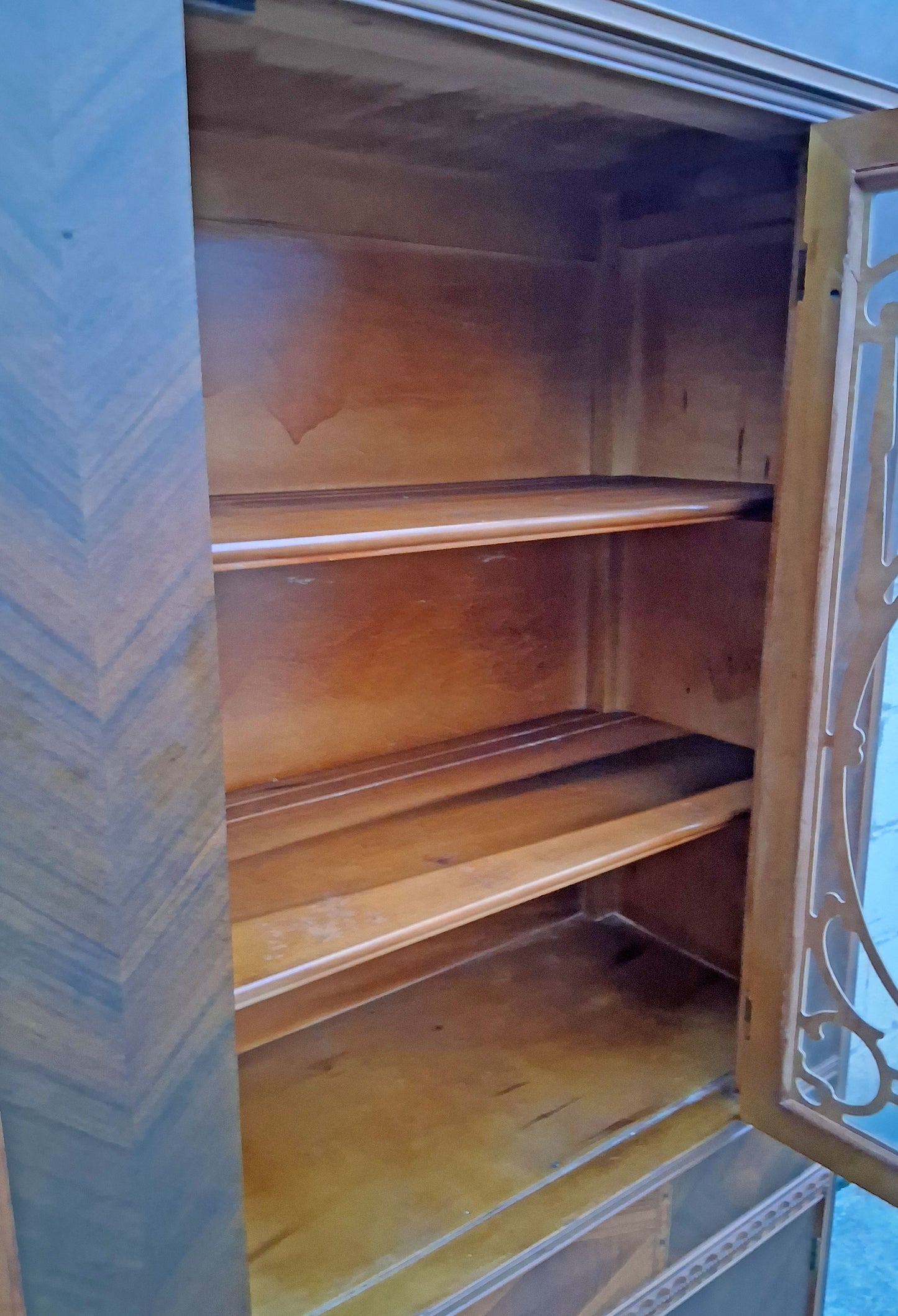 Antique Vintage Old Reclaimed Salvaged Art Deco Depression Era Solid Wood Walnut Chevron Inlay China Cabinet Hutch Display Cupboard Glass