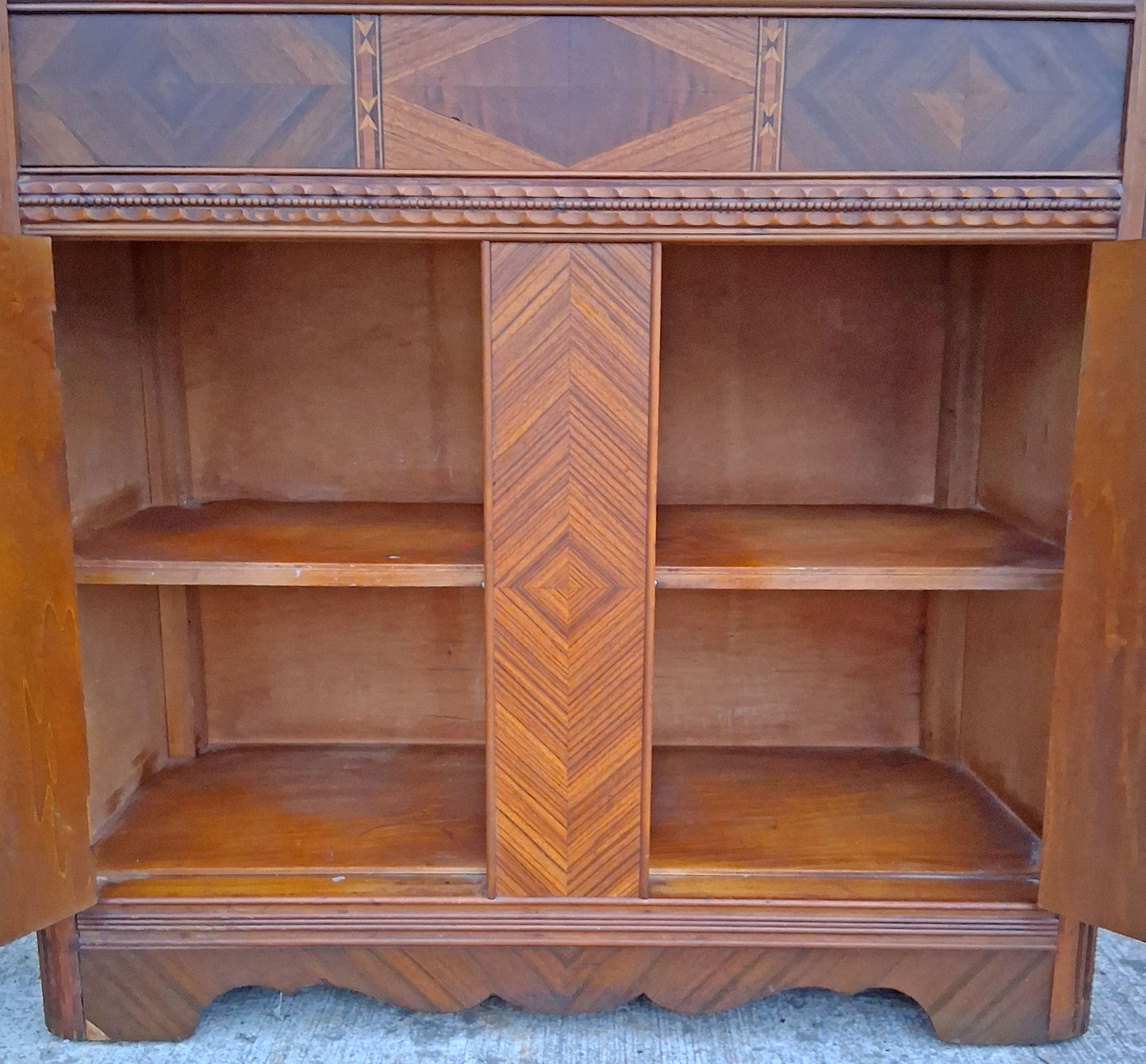 Antique Vintage Old Reclaimed Salvaged Art Deco Depression Era Solid Wood Walnut Chevron Inlay China Cabinet Hutch Display Cupboard Glass