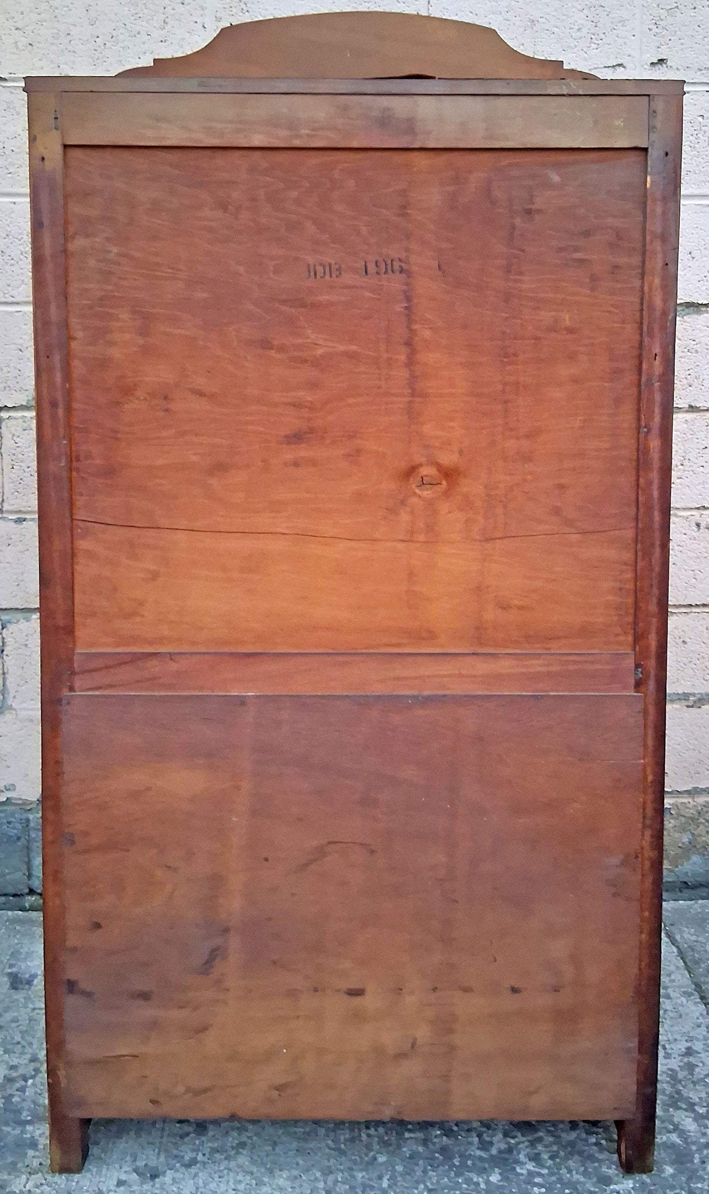 Antique Vintage Old Reclaimed Salvaged Art Deco Depression Era Solid Wood Walnut Chevron Inlay China Cabinet Hutch Display Cupboard Glass