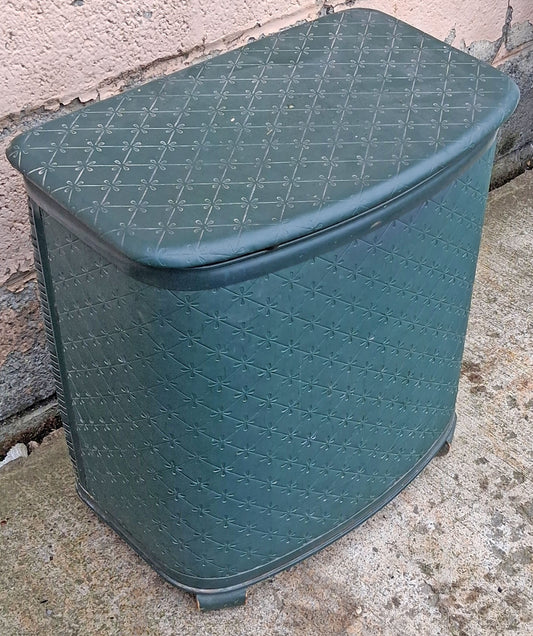 Vintage Antique Old Mid Century Pearl Wick Green Self Ventilating Laundry Hamper Woven Clothes Basket Quilted Floral Padded Vinyl Lid