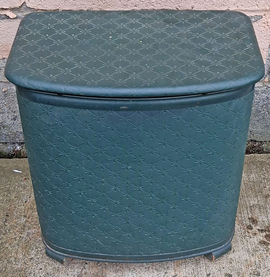 Vintage Antique Old Mid Century Pearl Wick Green Self Ventilating Laundry Hamper Woven Clothes Basket Quilted Floral Padded Vinyl Lid