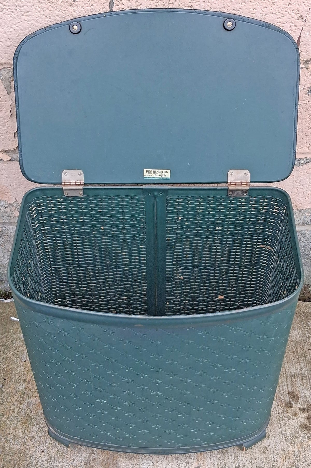 Vintage Antique Old Mid Century Pearl Wick Green Self Ventilating Laundry Hamper Woven Clothes Basket Quilted Floral Padded Vinyl Lid
