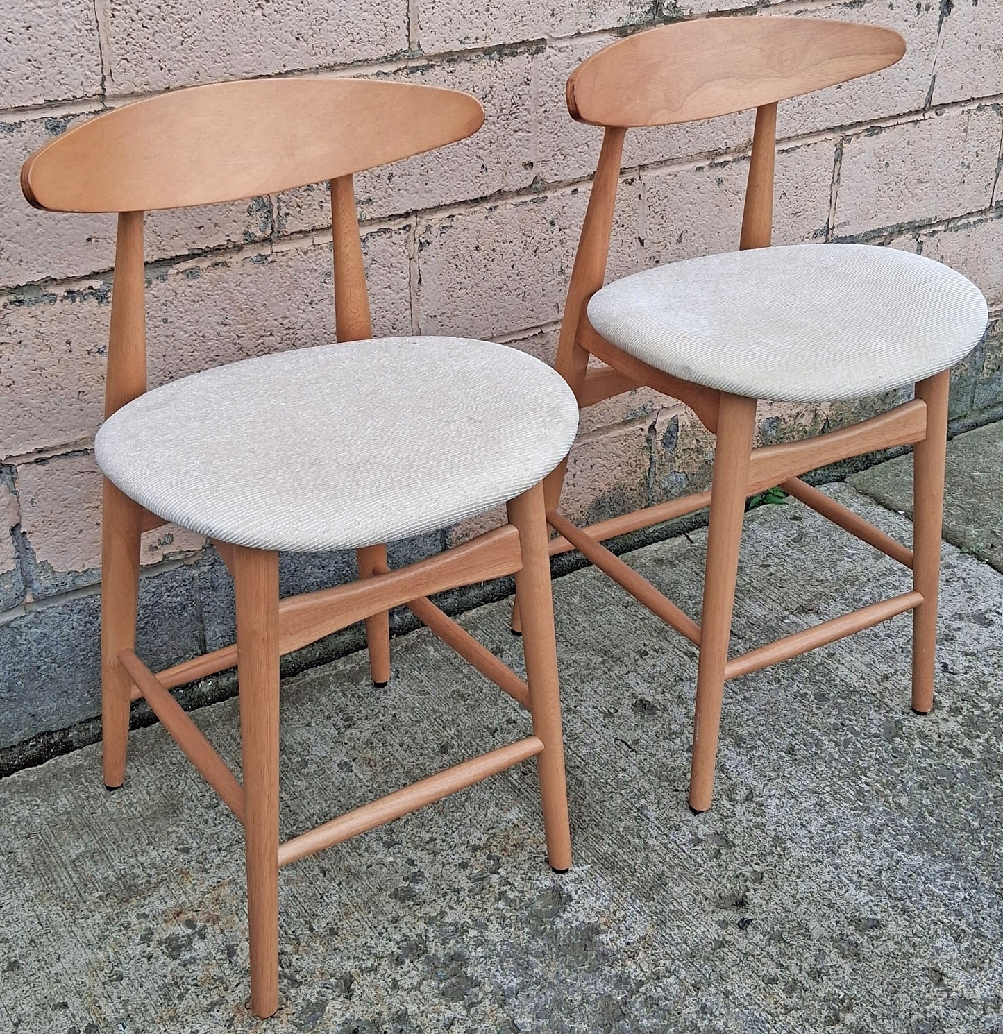 Pair Vintage Mid Century Modern Scandinavian Wood Wooden Fabric Kitchen Bar Island Counter Stools Dining Accent Chairs Beige Padded Seats
