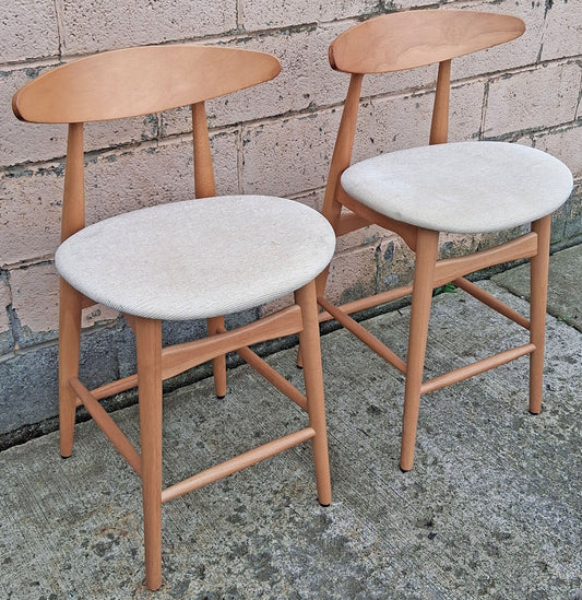 Pair Vintage Mid Century Modern Scandinavian Wood Wooden Fabric Kitchen Bar Island Counter Stools Dining Accent Chairs Beige Padded Seats