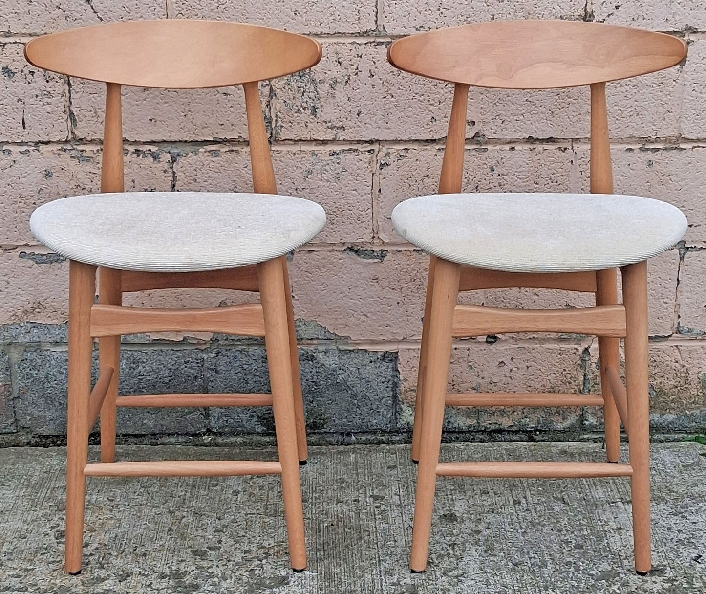 Pair Vintage Mid Century Modern Scandinavian Wood Wooden Fabric Kitchen Bar Island Counter Stools Dining Accent Chairs Beige Padded Seats