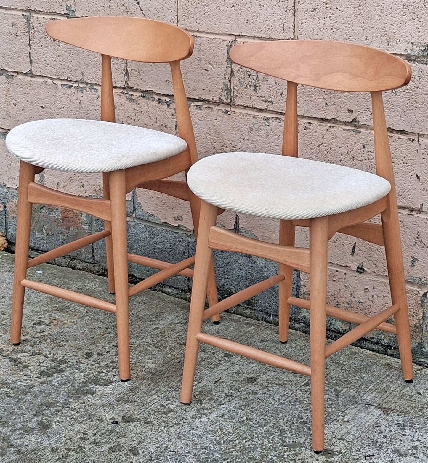 Pair Vintage Mid Century Modern Scandinavian Wood Wooden Fabric Kitchen Bar Island Counter Stools Dining Accent Chairs Beige Padded Seats