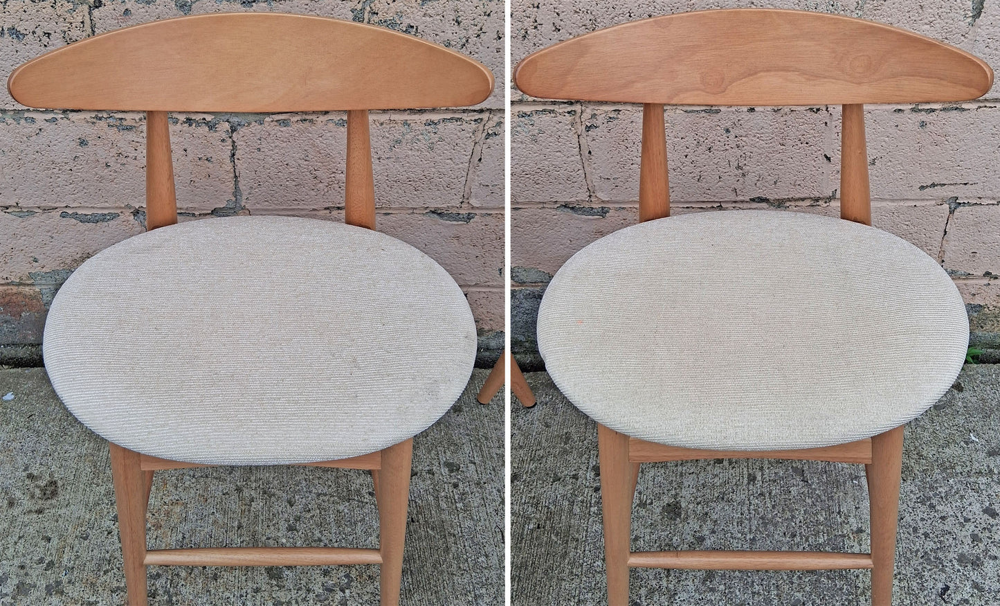 Pair Vintage Mid Century Modern Scandinavian Wood Wooden Fabric Kitchen Bar Island Counter Stools Dining Accent Chairs Beige Padded Seats