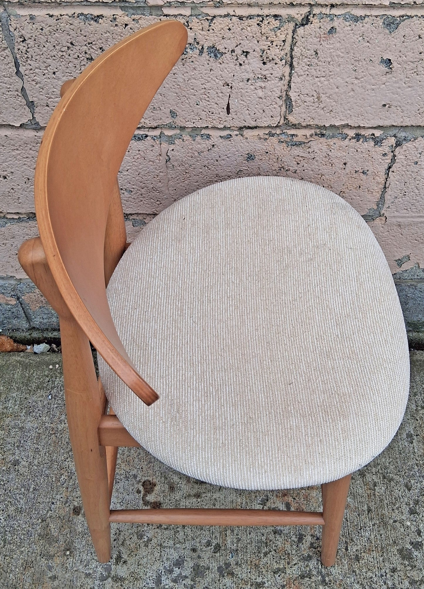 Pair Vintage Mid Century Modern Scandinavian Wood Wooden Fabric Kitchen Bar Island Counter Stools Dining Accent Chairs Beige Padded Seats