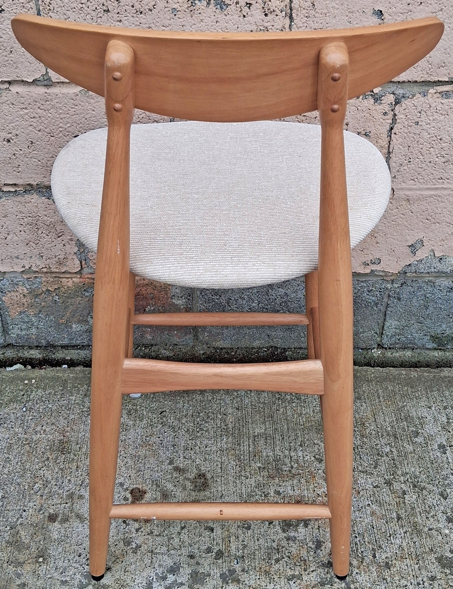 Pair Vintage Mid Century Modern Scandinavian Wood Wooden Fabric Kitchen Bar Island Counter Stools Dining Accent Chairs Beige Padded Seats