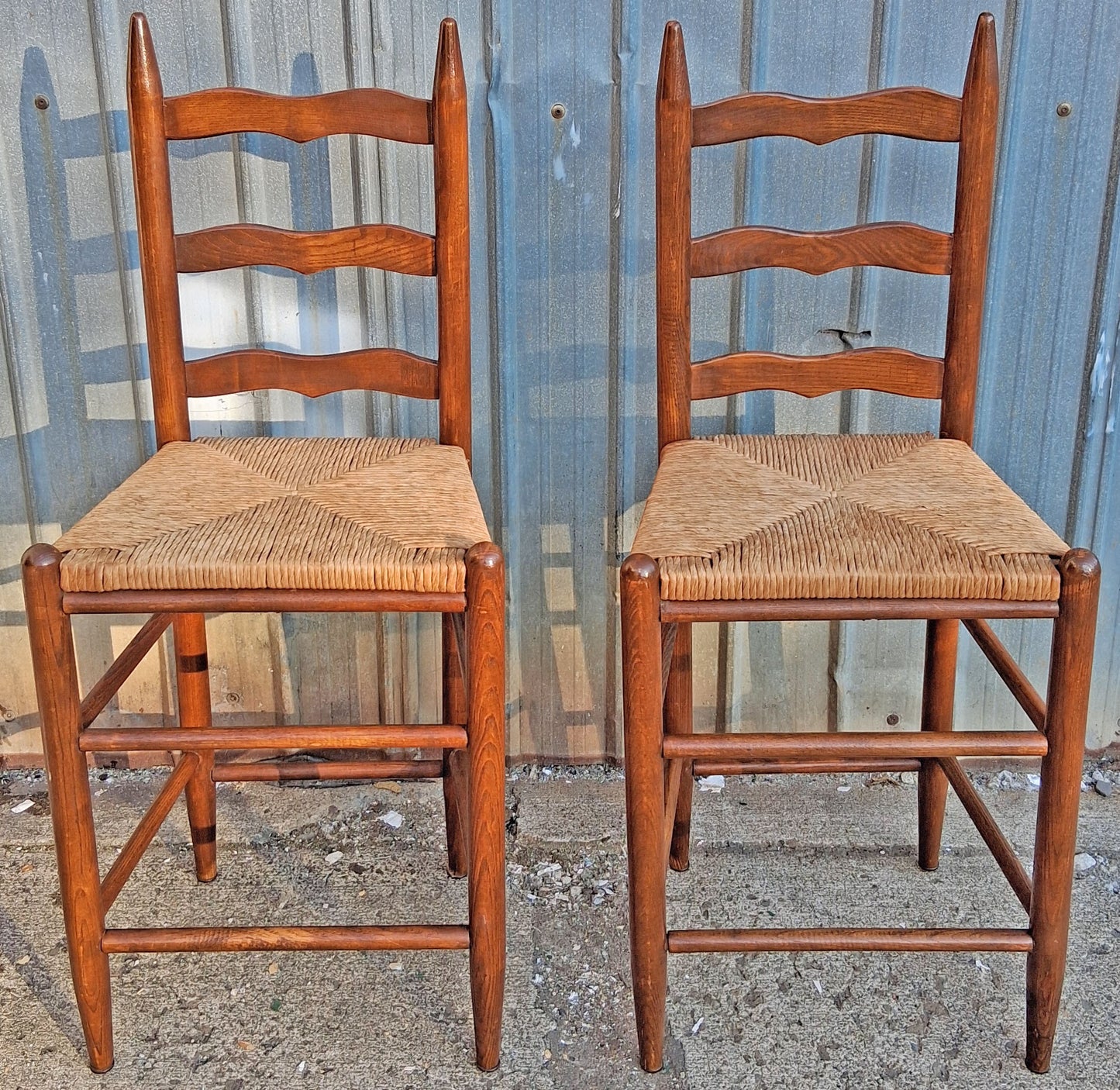 Pair Vintage Antique French Country Rustic Solid Oak Ladder Back Bar Stools Woven Rush Seats Counter Chairs High Top Kitchen Island Seating
