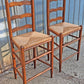 Pair Vintage Antique French Country Rustic Solid Oak Ladder Back Bar Stools Woven Rush Seats Counter Chairs High Top Kitchen Island Seating