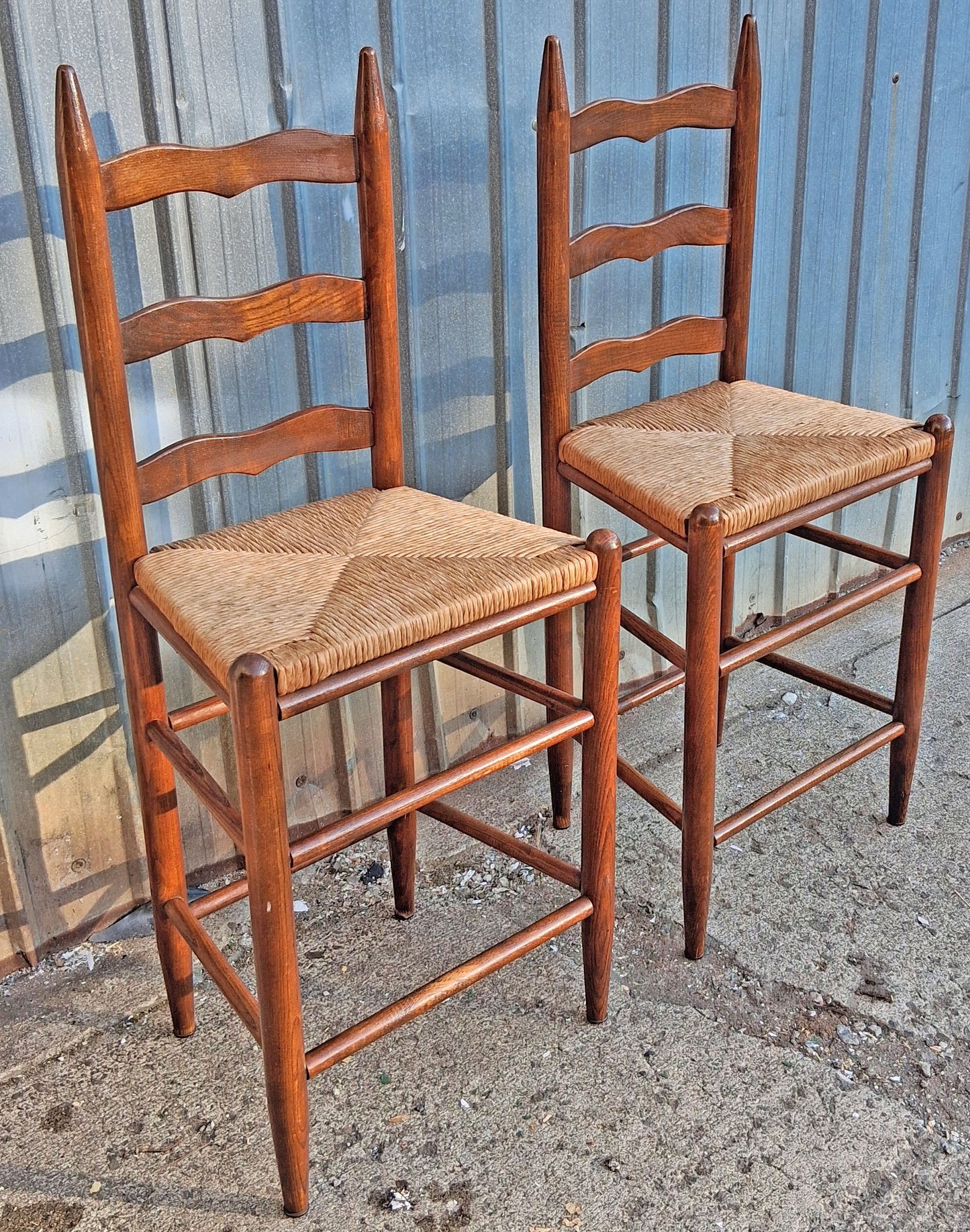 Pair Vintage Antique French Country Rustic Solid Oak Ladder Back Bar Stools Woven Rush Seats Counter Chairs High Top Kitchen Island Seating