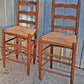 Pair Vintage Antique French Country Rustic Solid Oak Ladder Back Bar Stools Woven Rush Seats Counter Chairs High Top Kitchen Island Seating