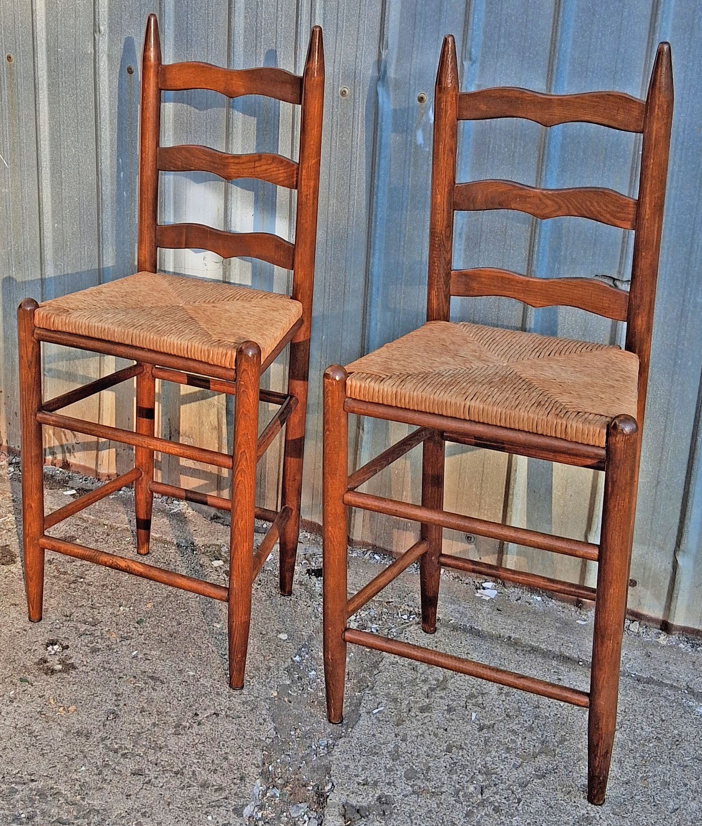 Pair Vintage Antique French Country Rustic Solid Oak Ladder Back Bar Stools Woven Rush Seats Counter Chairs High Top Kitchen Island Seating