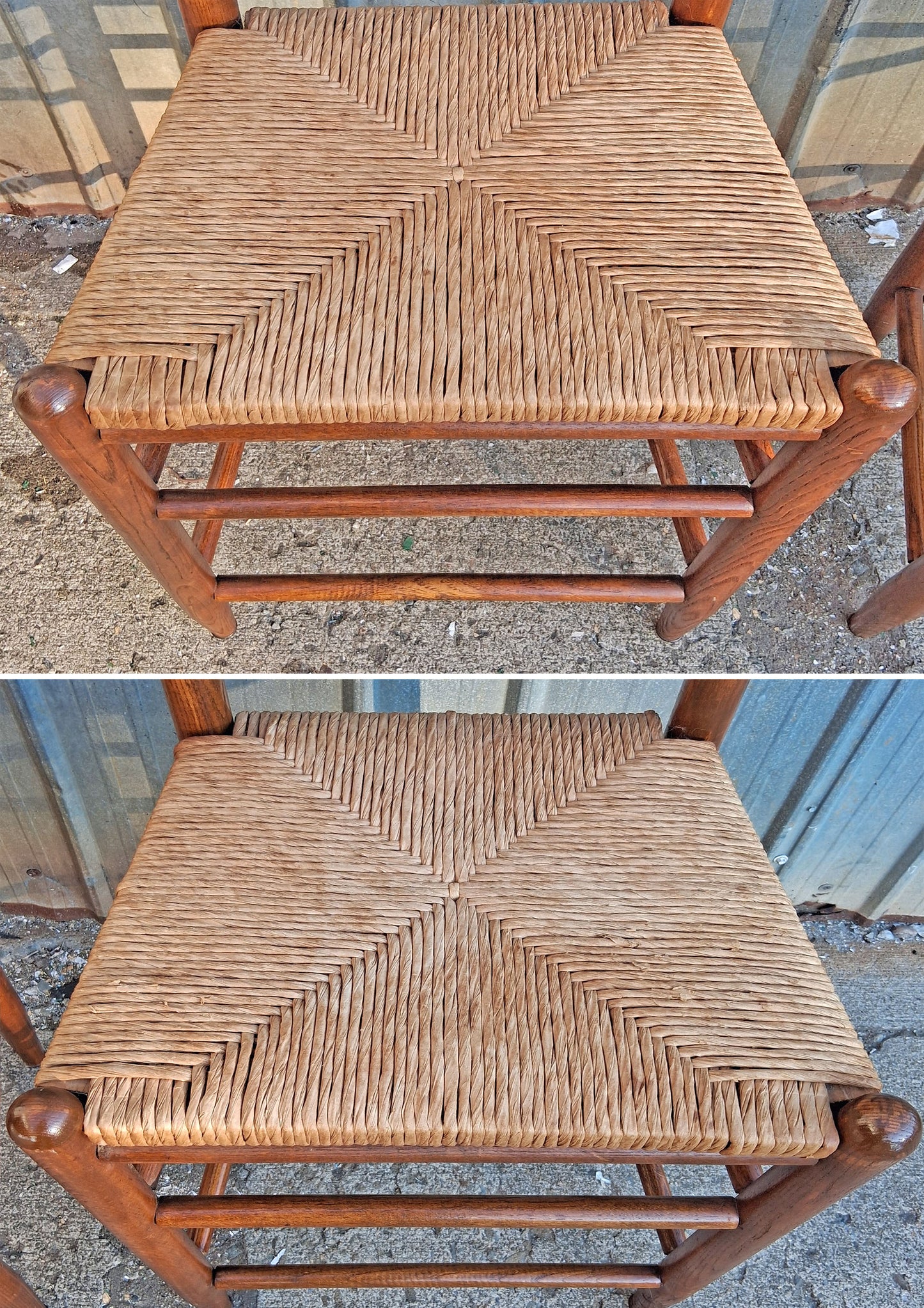 Pair Vintage Antique French Country Rustic Solid Oak Ladder Back Bar Stools Woven Rush Seats Counter Chairs High Top Kitchen Island Seating