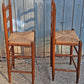Pair Vintage Antique French Country Rustic Solid Oak Ladder Back Bar Stools Woven Rush Seats Counter Chairs High Top Kitchen Island Seating