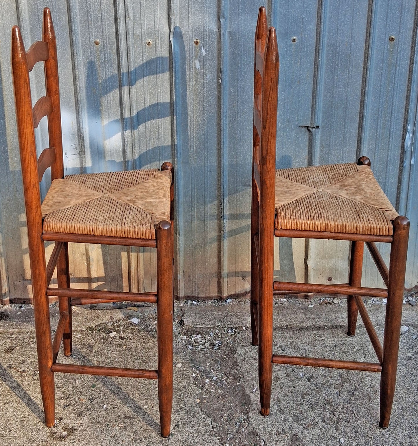 Pair Vintage Antique French Country Rustic Solid Oak Ladder Back Bar Stools Woven Rush Seats Counter Chairs High Top Kitchen Island Seating