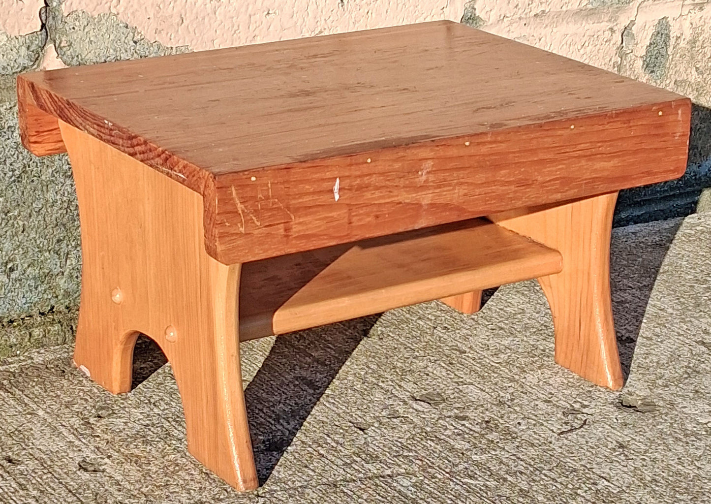 Vintage Antique Handmade Rustic Farmhouse Solid Wood Wooden Maple Foot Step Stool Bench Lower Shelf Plant Stand Small Child Low Accent Seat