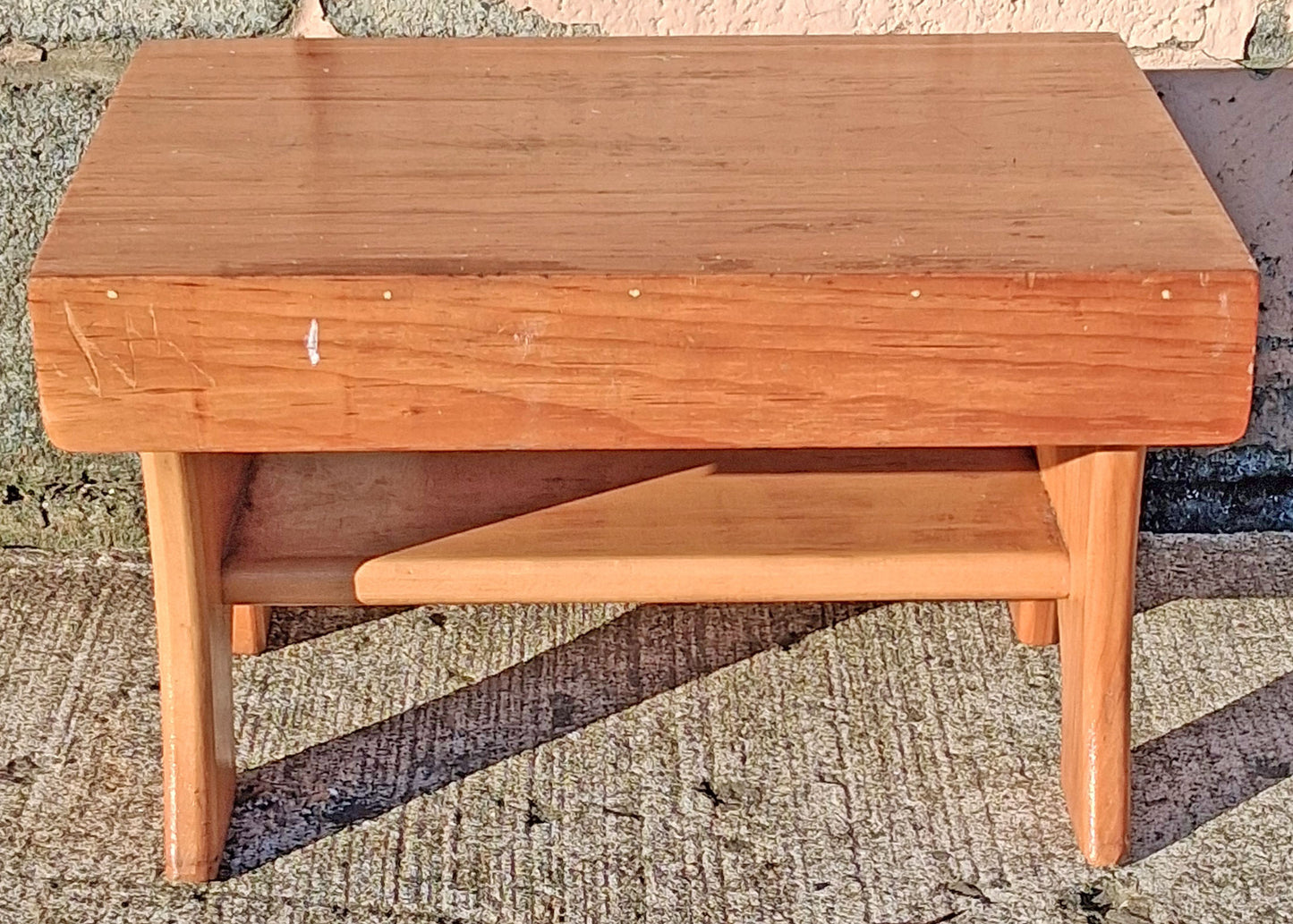 Vintage Antique Handmade Rustic Farmhouse Solid Wood Wooden Maple Foot Step Stool Bench Lower Shelf Plant Stand Small Child Low Accent Seat