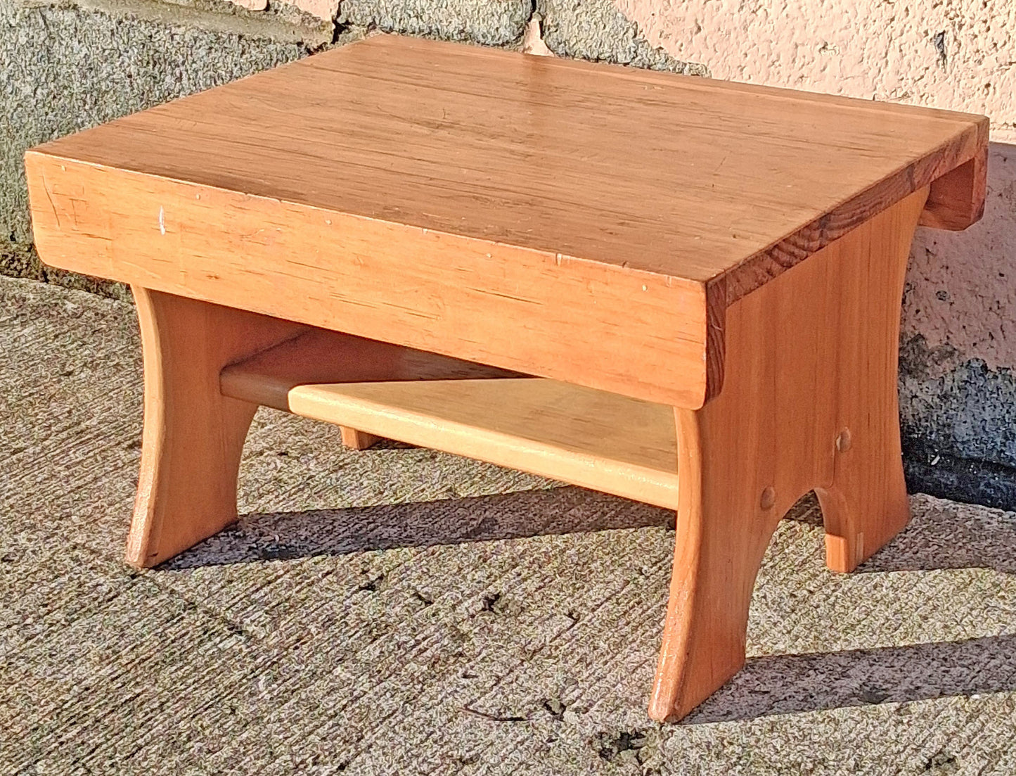 Vintage Antique Handmade Rustic Farmhouse Solid Wood Wooden Maple Foot Step Stool Bench Lower Shelf Plant Stand Small Child Low Accent Seat