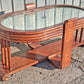 Antique Vintage Old Distressed Art Deco Streamline Moderne Waterfall Wood Wooden Oval Mirrored Glass Top Cocktail Coffee Accent Table Shelf
