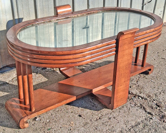 Antique Vintage Old Distressed Art Deco Streamline Moderne Waterfall Wood Wooden Oval Mirrored Glass Top Cocktail Coffee Accent Table Shelf