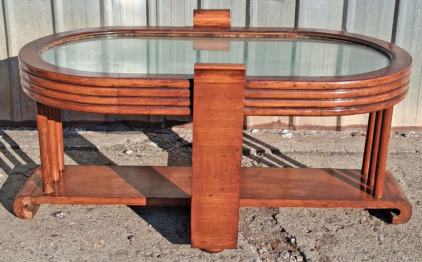 Antique Vintage Old Distressed Art Deco Streamline Moderne Waterfall Wood Wooden Oval Mirrored Glass Top Cocktail Coffee Accent Table Shelf