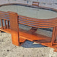 Antique Vintage Old Distressed Art Deco Streamline Moderne Waterfall Wood Wooden Oval Mirrored Glass Top Cocktail Coffee Accent Table Shelf