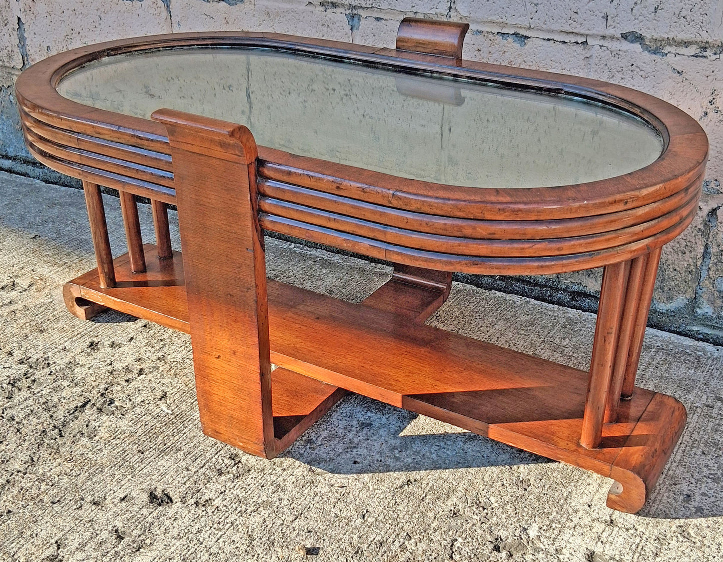 Antique Vintage Old Distressed Art Deco Streamline Moderne Waterfall Wood Wooden Oval Mirrored Glass Top Cocktail Coffee Accent Table Shelf