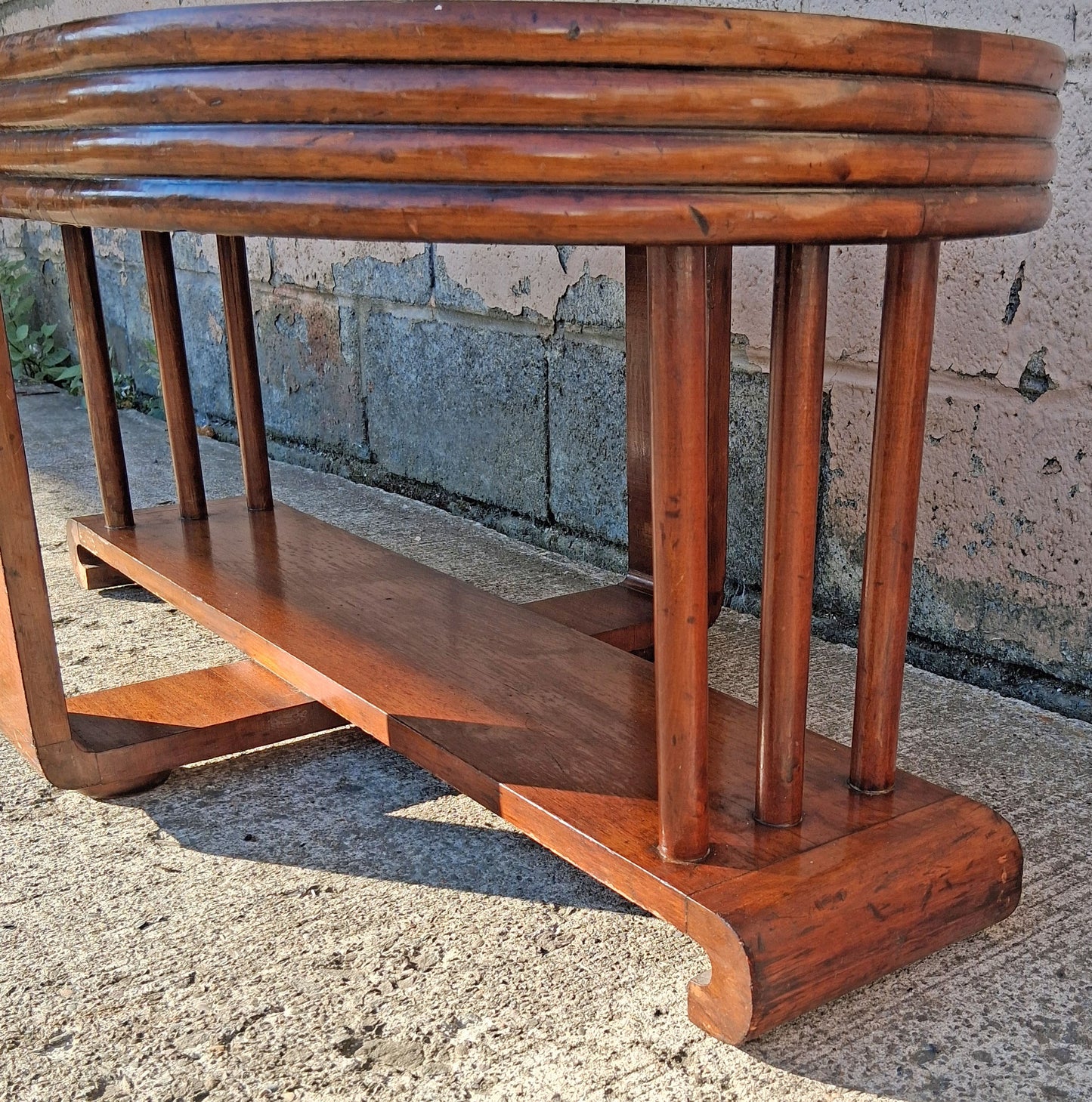 Antique Vintage Old Distressed Art Deco Streamline Moderne Waterfall Wood Wooden Oval Mirrored Glass Top Cocktail Coffee Accent Table Shelf