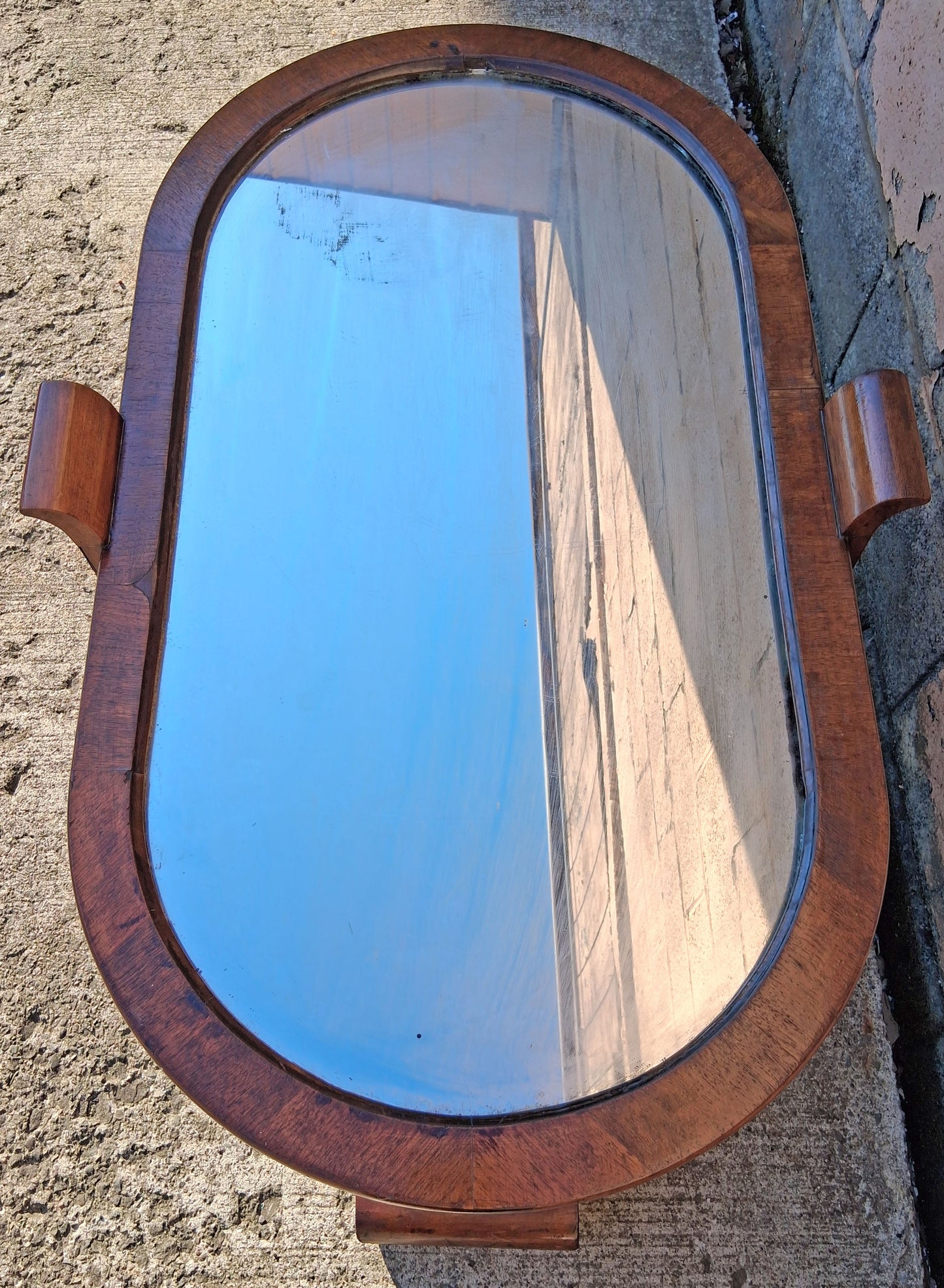 Antique Vintage Old Distressed Art Deco Streamline Moderne Waterfall Wood Wooden Oval Mirrored Glass Top Cocktail Coffee Accent Table Shelf