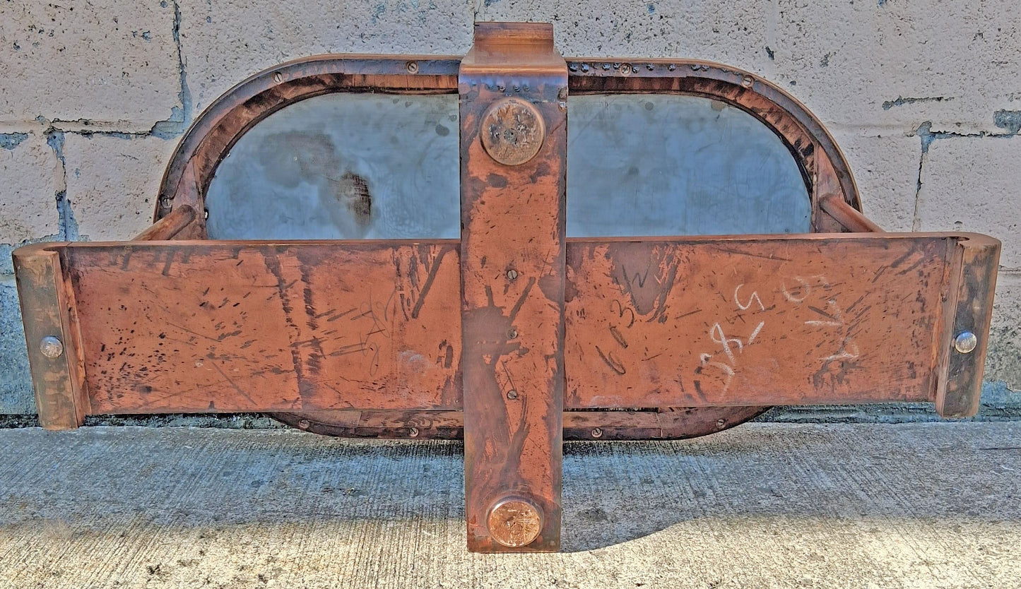 Antique Vintage Old Distressed Art Deco Streamline Moderne Waterfall Wood Wooden Oval Mirrored Glass Top Cocktail Coffee Accent Table Shelf