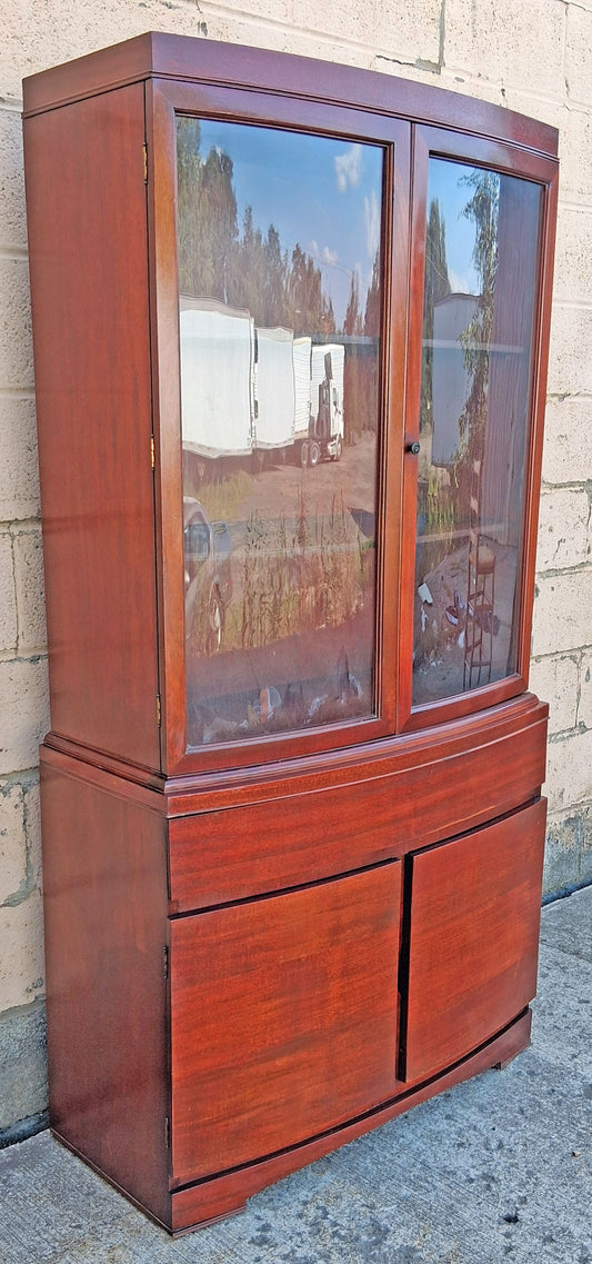 Vintage Antique Old Mid Century Modern Mahogany Wood Bow Front China Glass Display Hutch Bookcase Sideboard Storage Credenza Curio Cabinet