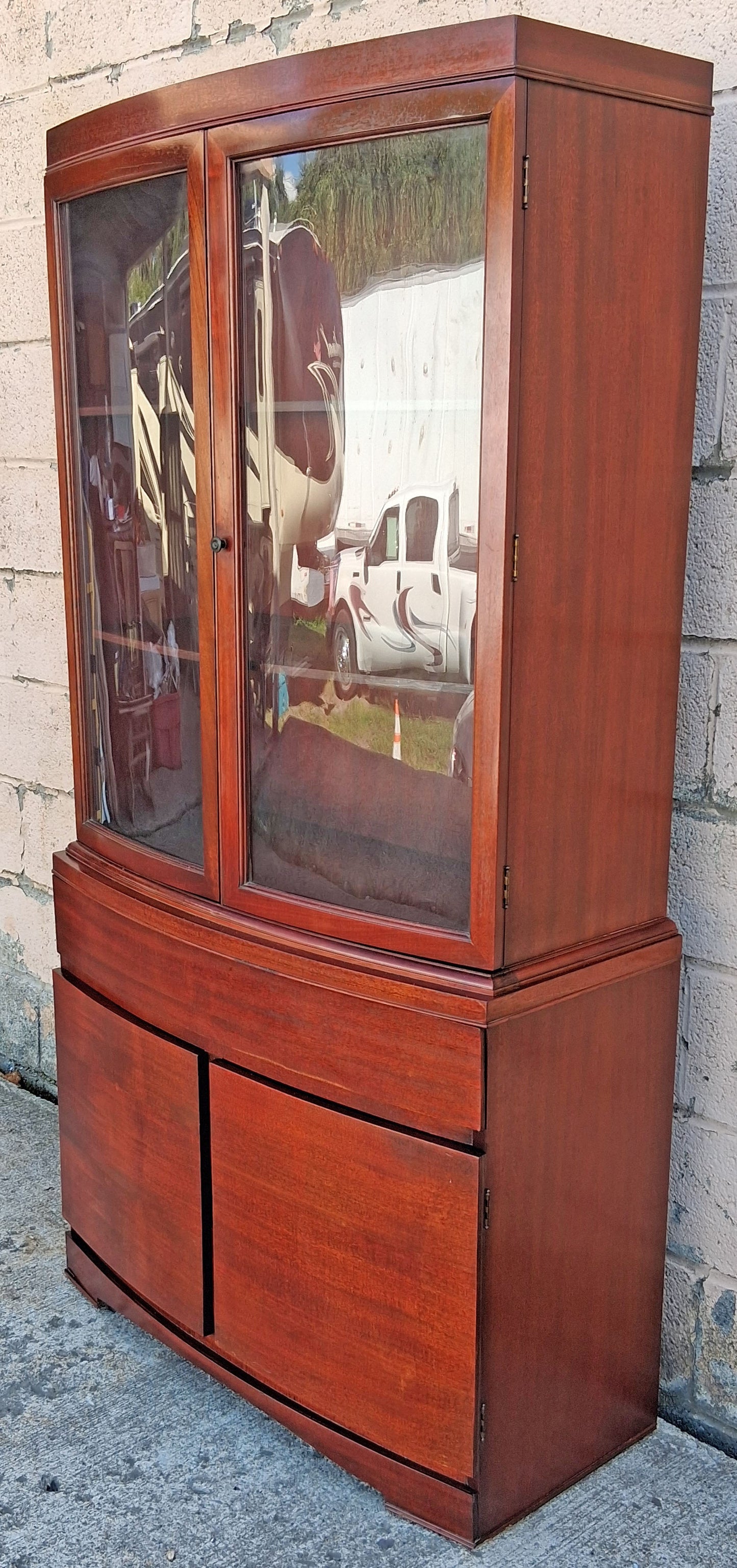 Vintage Antique Old Mid Century Modern Mahogany Wood Bow Front China Glass Display Hutch Bookcase Sideboard Storage Credenza Curio Cabinet