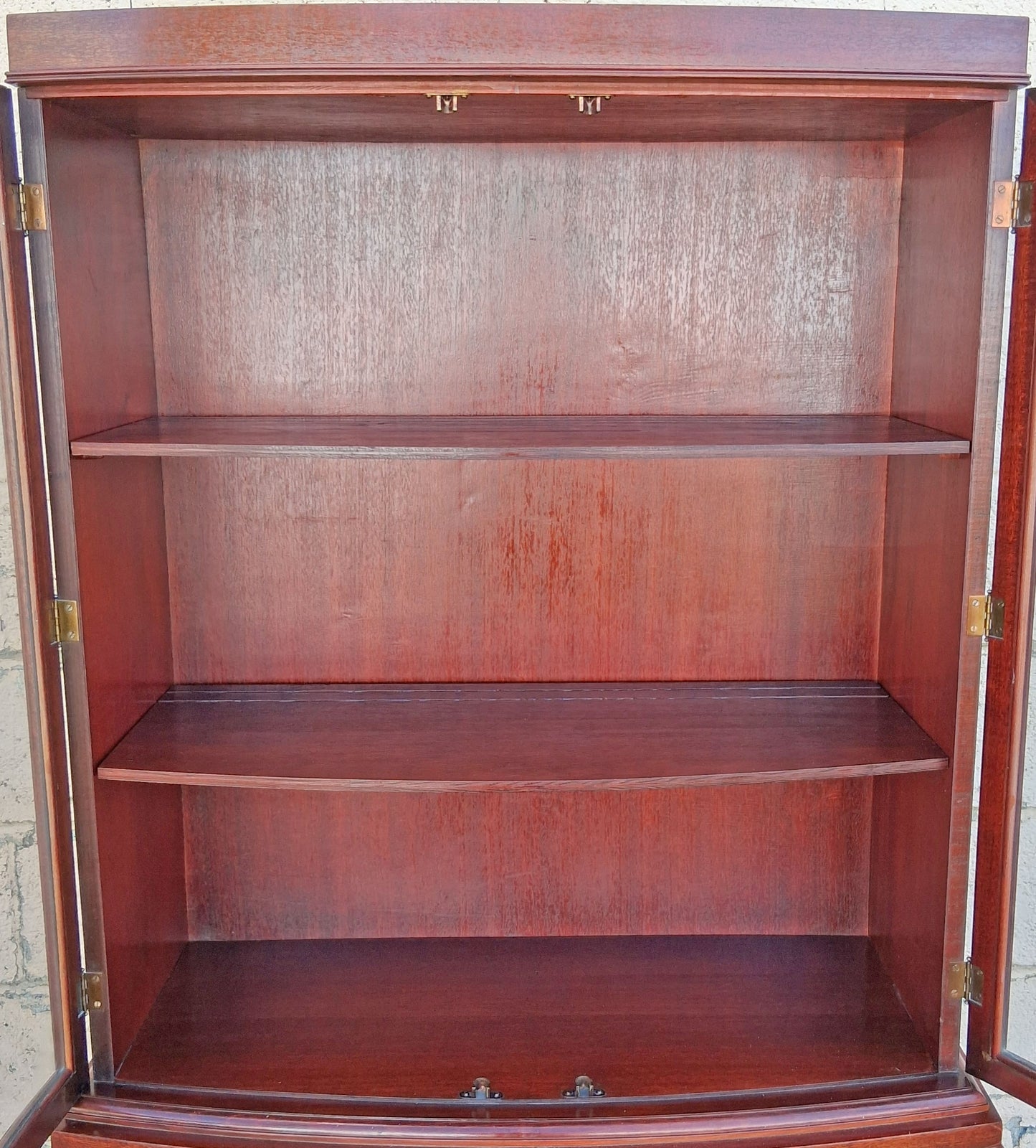 Vintage Antique Old Mid Century Modern Mahogany Wood Bow Front China Glass Display Hutch Bookcase Sideboard Storage Credenza Curio Cabinet