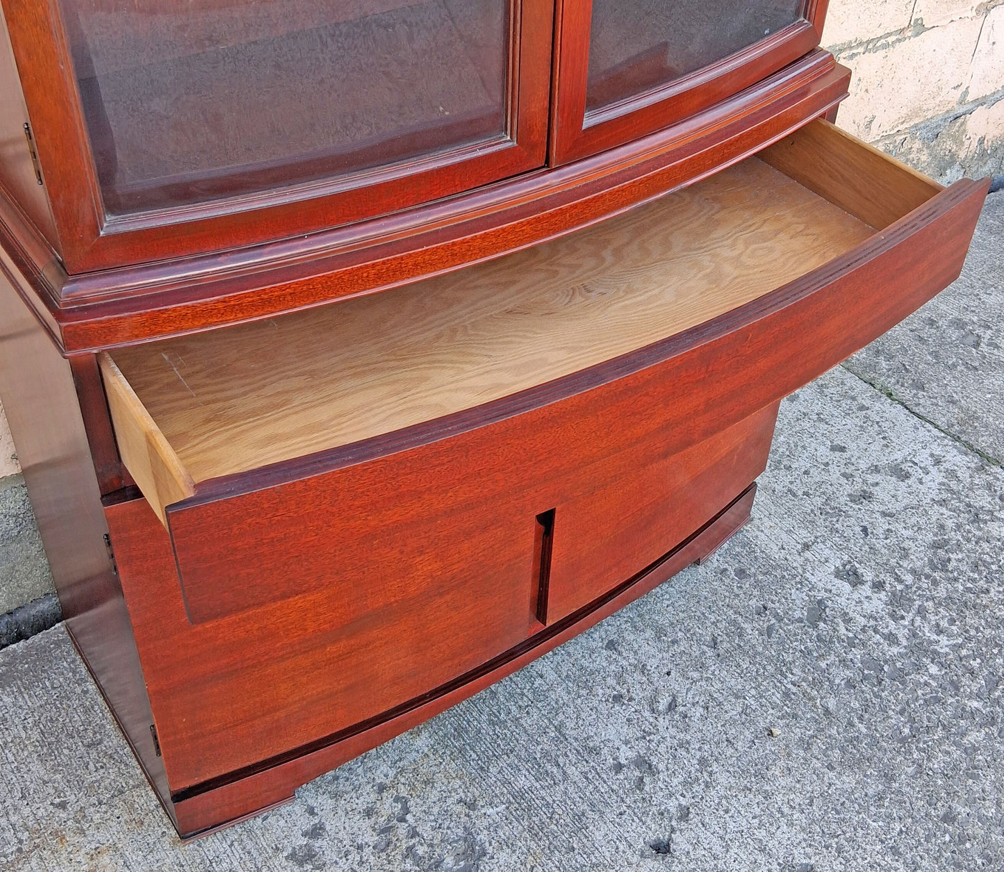 Vintage Antique Old Mid Century Modern Mahogany Wood Bow Front China Glass Display Hutch Bookcase Sideboard Storage Credenza Curio Cabinet