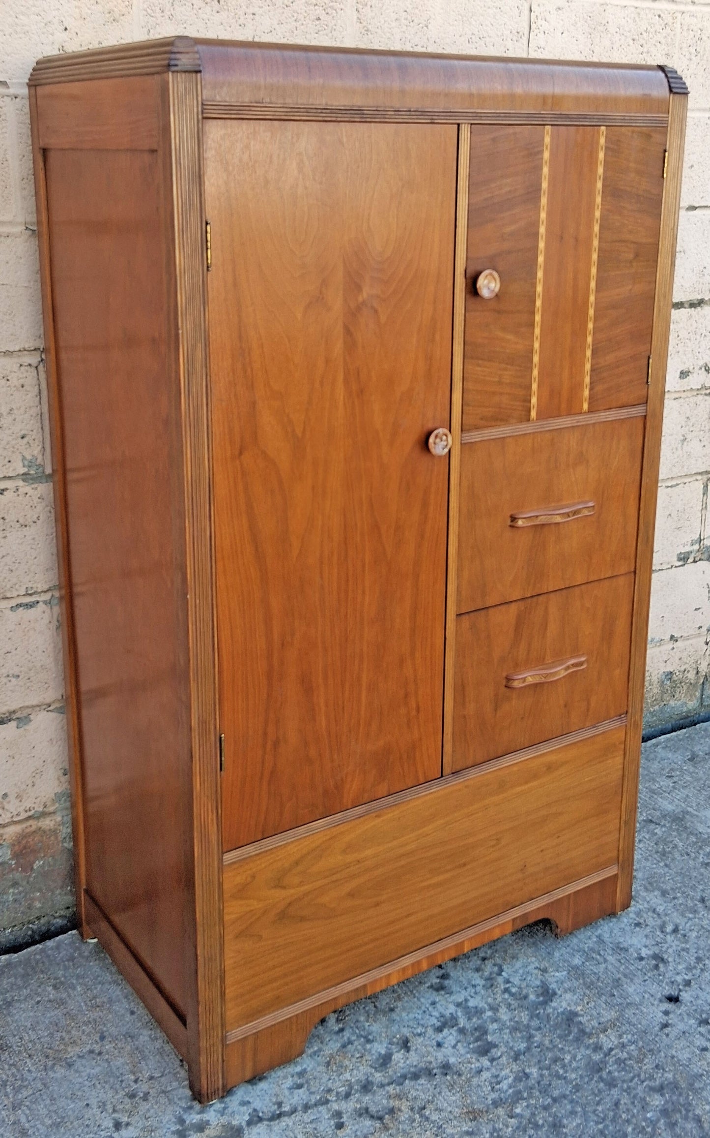 Antique Vintage Old Reclaimed Salvaged Art Deco Solid Wood Wooden Burled Walnut Waterfall Dresser Cabinet Closet Armoire Wardrobe Chifforobe