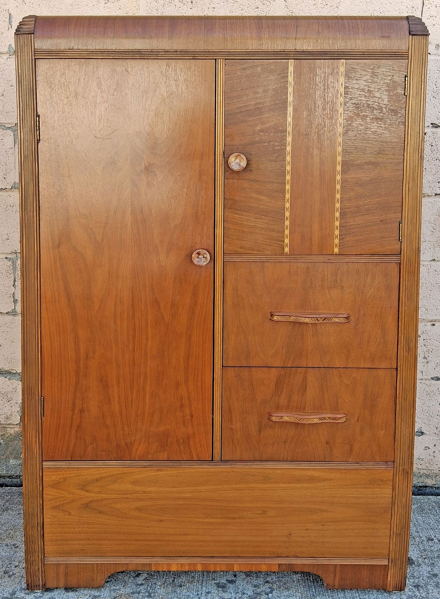 Antique Vintage Old Reclaimed Salvaged Art Deco Solid Wood Wooden Burled Walnut Waterfall Dresser Cabinet Closet Armoire Wardrobe Chifforobe