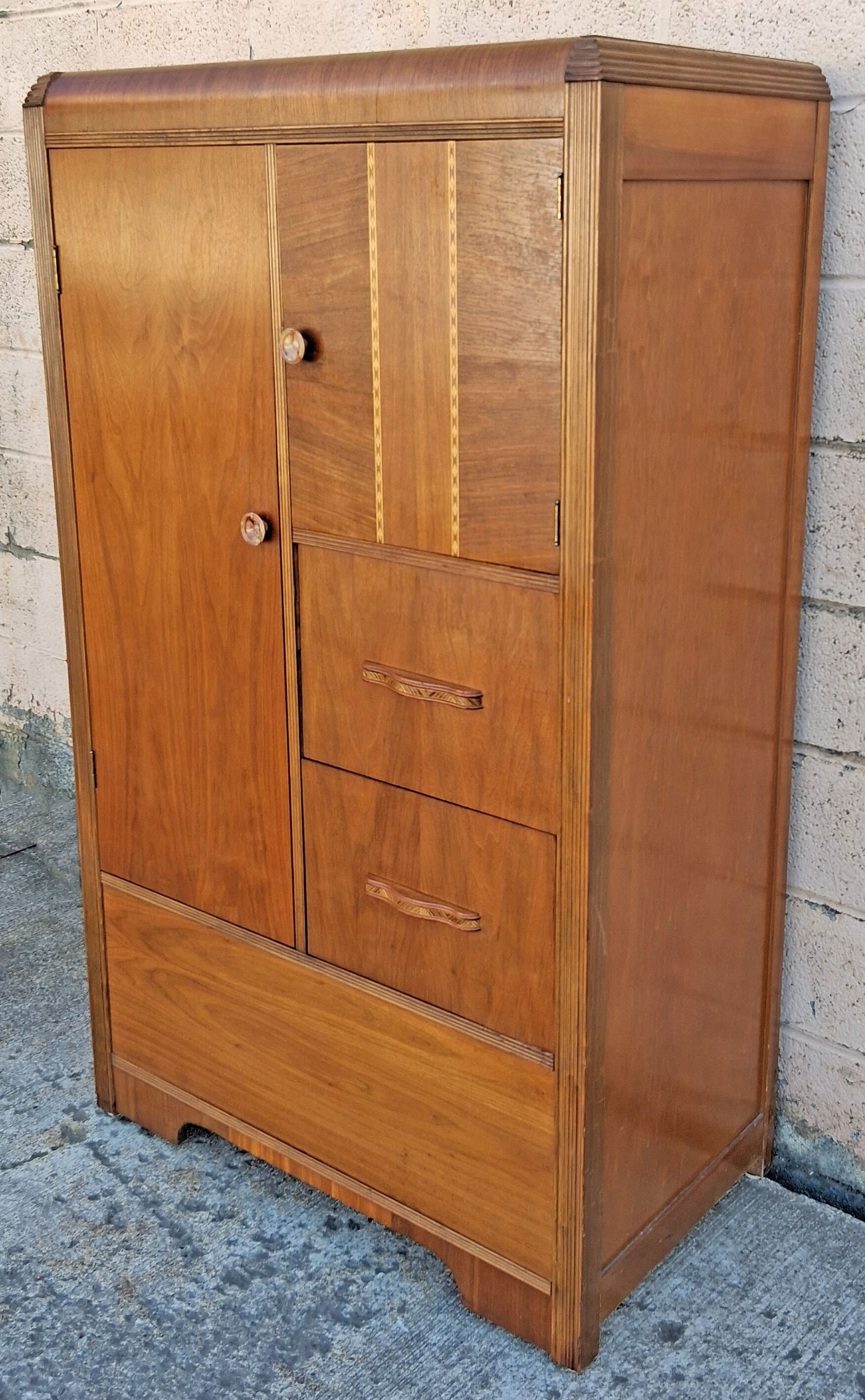 Antique Vintage Old Reclaimed Salvaged Art Deco Solid Wood Wooden Burled Walnut Waterfall Dresser Cabinet Closet Armoire Wardrobe Chifforobe