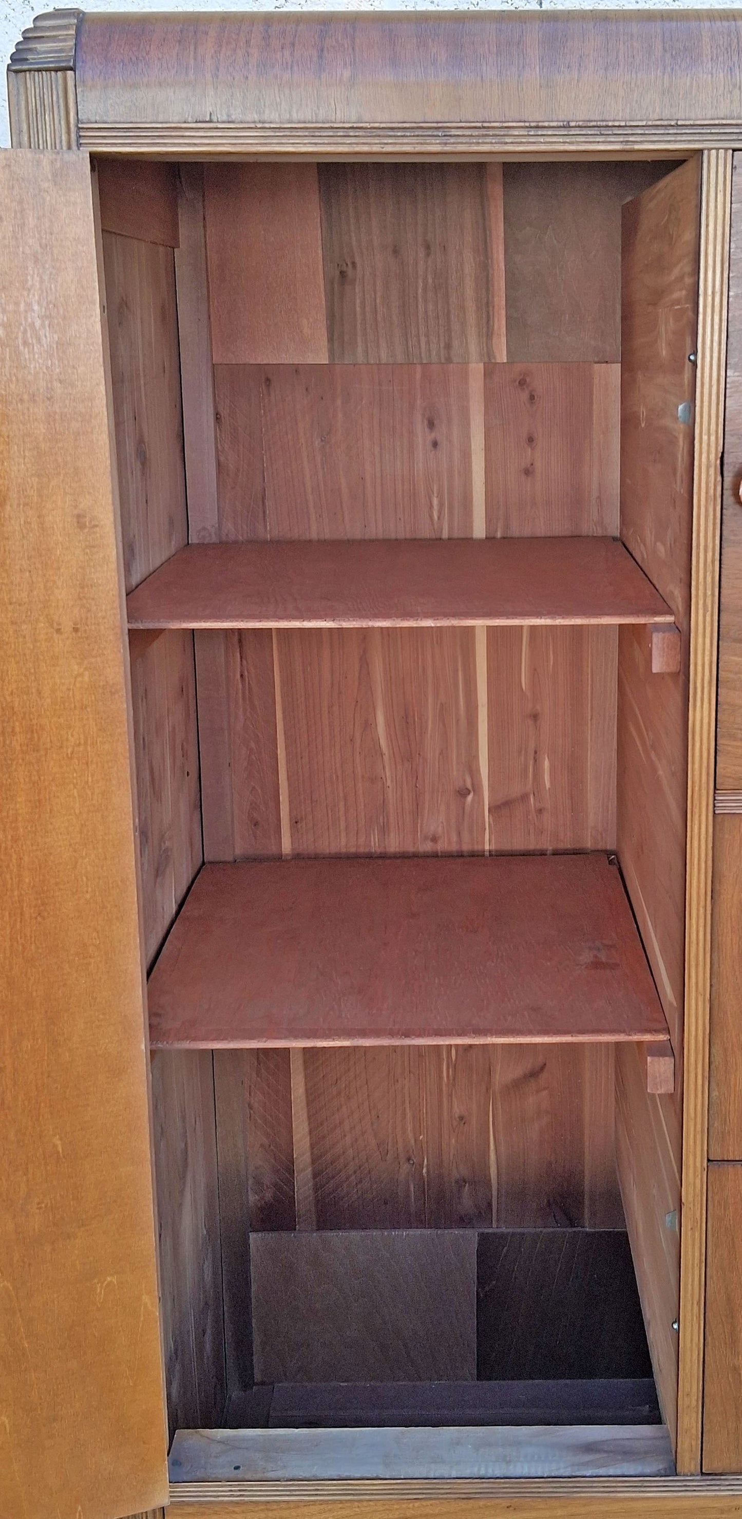 Antique Vintage Old Reclaimed Salvaged Art Deco Solid Wood Wooden Burled Walnut Waterfall Dresser Cabinet Closet Armoire Wardrobe Chifforobe